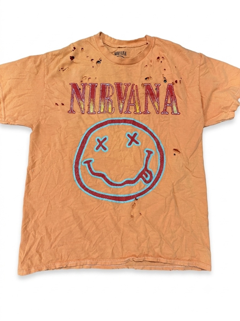 Vintage Look Nirvana Distressed Smiley Face Graphic Tee Orange M